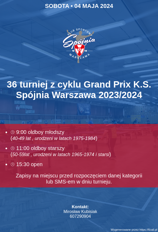 Plakat turnieju 36 turniej z cyklu Grand Prix K.S. Spójnia Warszawa 2023/2024