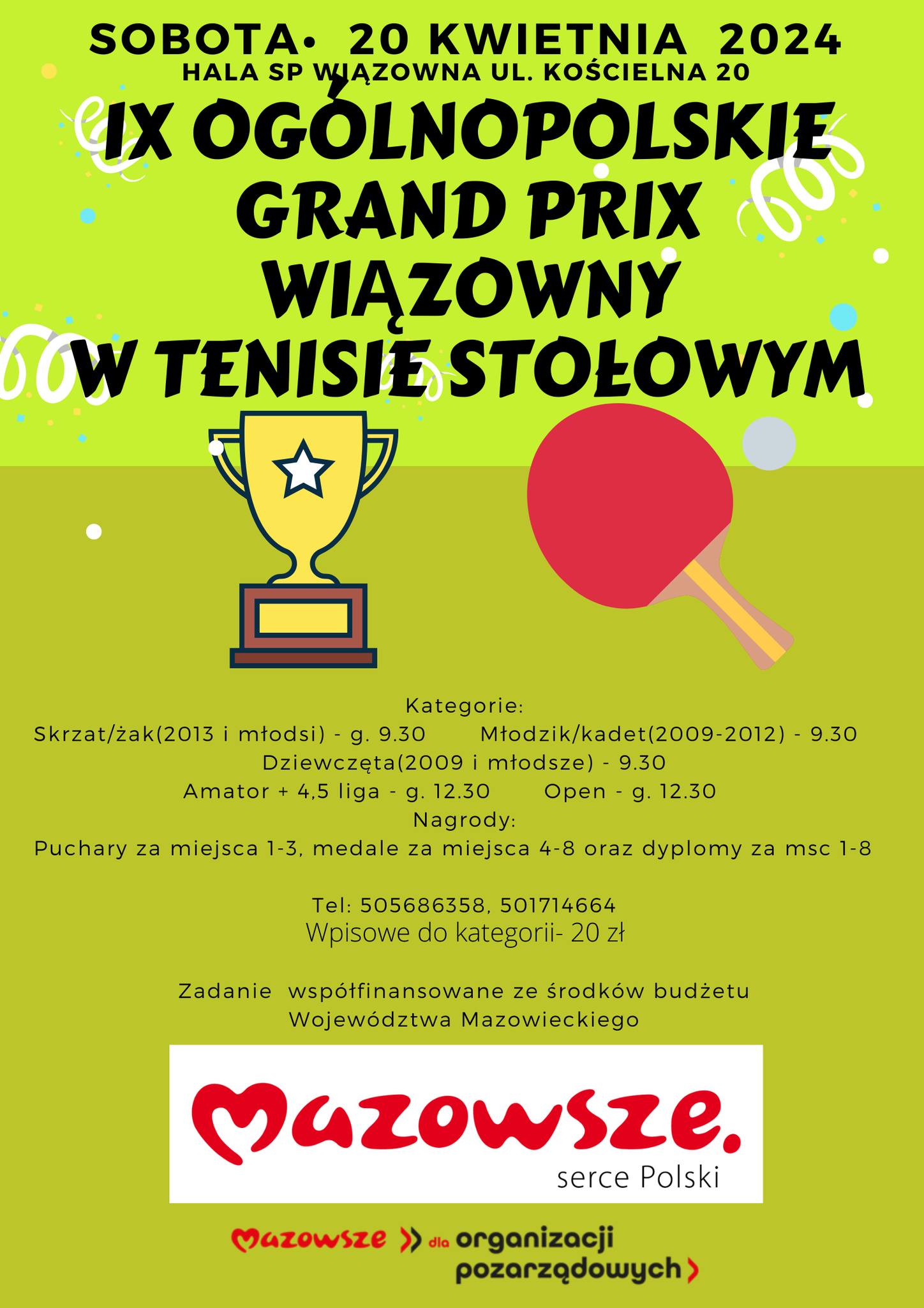 Plakat turnieju IX Ogólnopolski Turniej Grand Prix Wiązowny w Tenisie Stołowym 2024