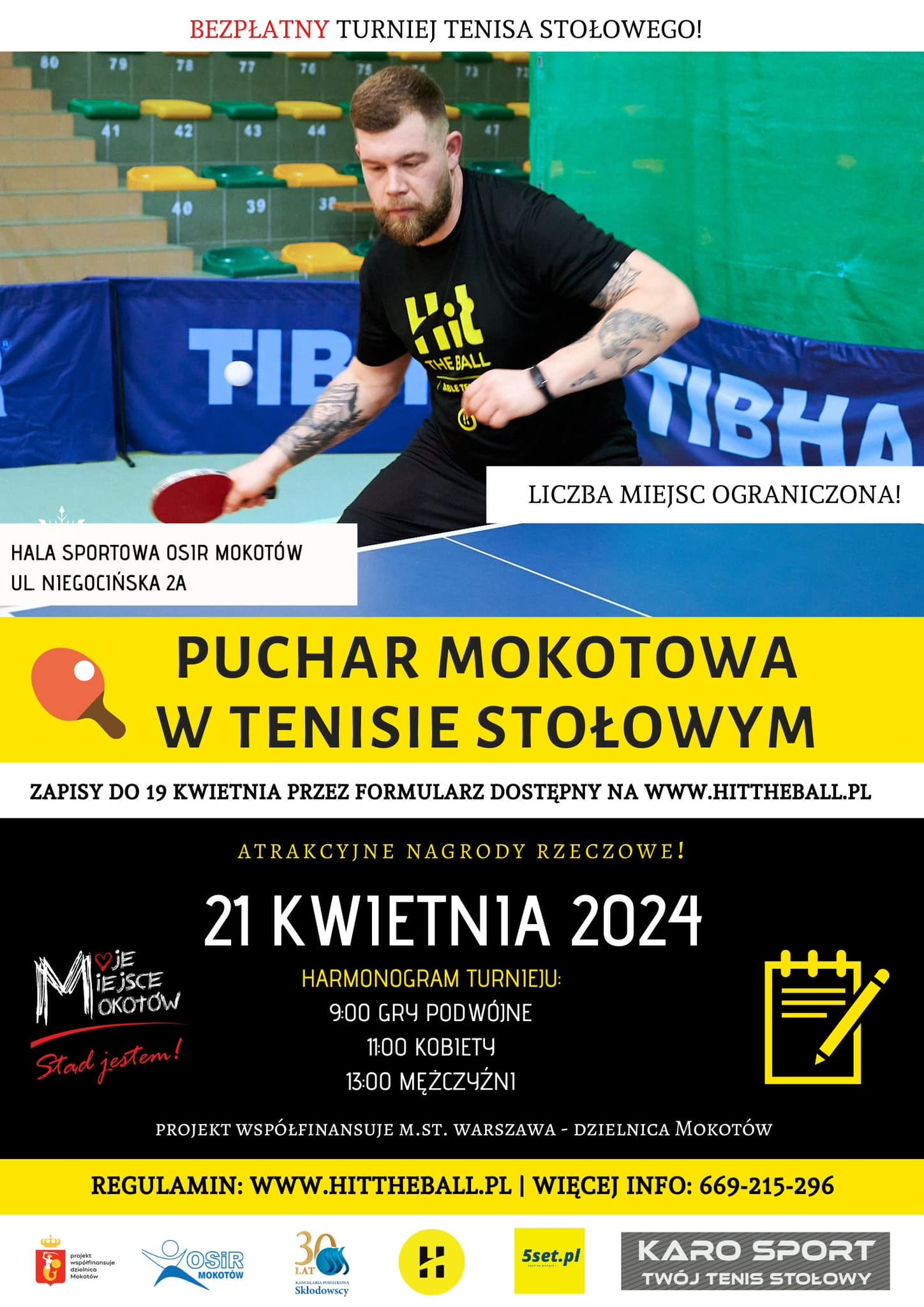 Plakat turnieju Turniej o Puchar Mokotowa w Tenisie Stołowym kwiecień 2024