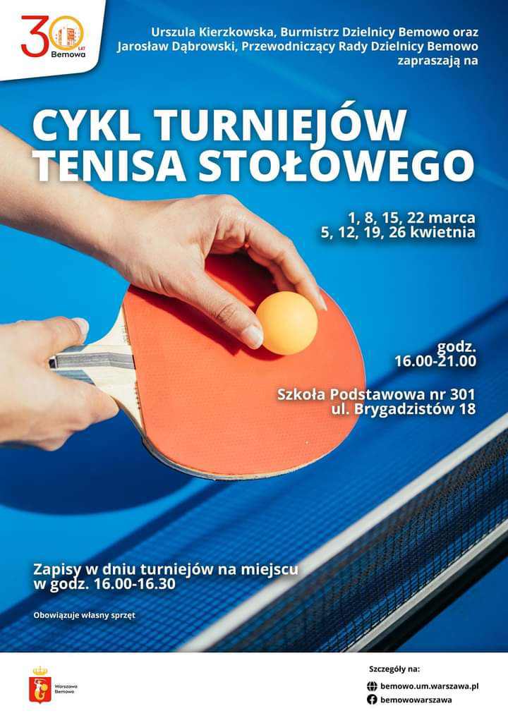 Plakat turnieju Turnieje tenisa stołowego Bemowo - Brygadzistów (12 kwiecień 2024)
