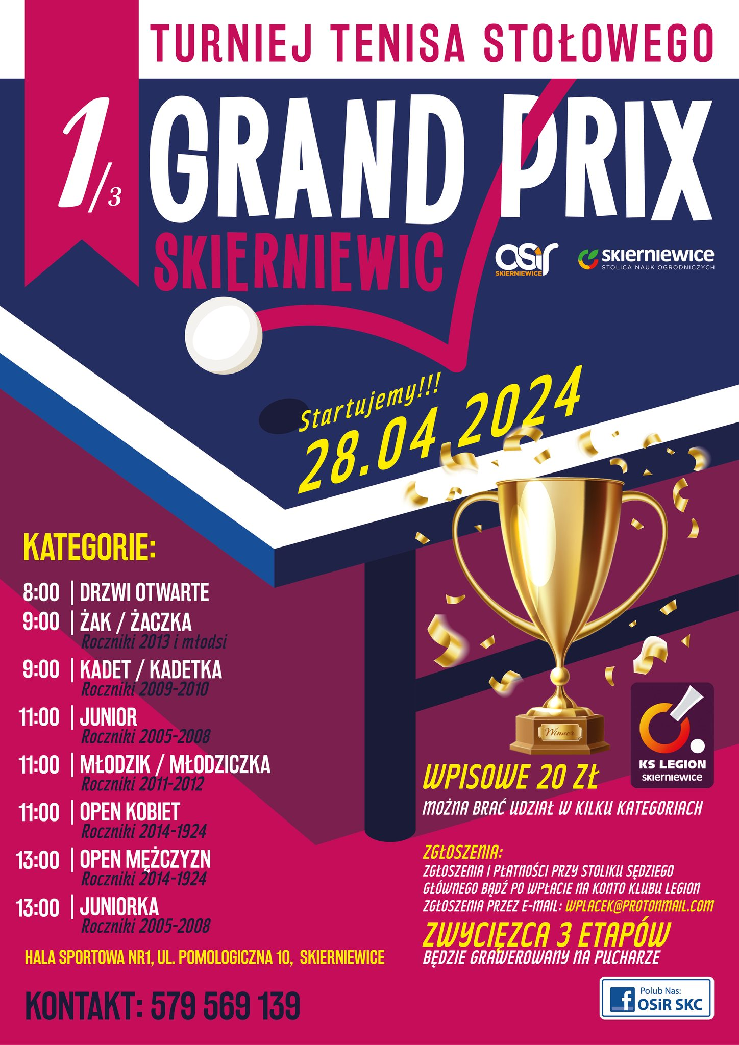 Plakat turnieju Turniej Tenisa Stołowego 1 Grand Prix Skierniewic (28 kwiecień 2024)