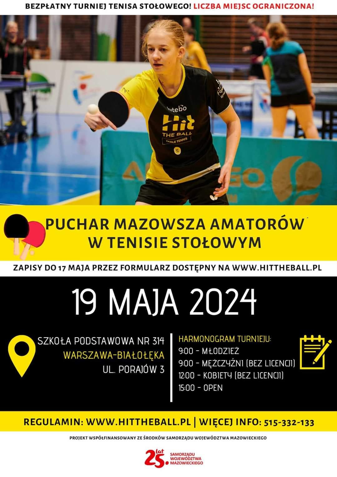 Plakat turnieju Puchar Mazowsza Amatorów w Tenisie Stołowym (19 maja 2024)