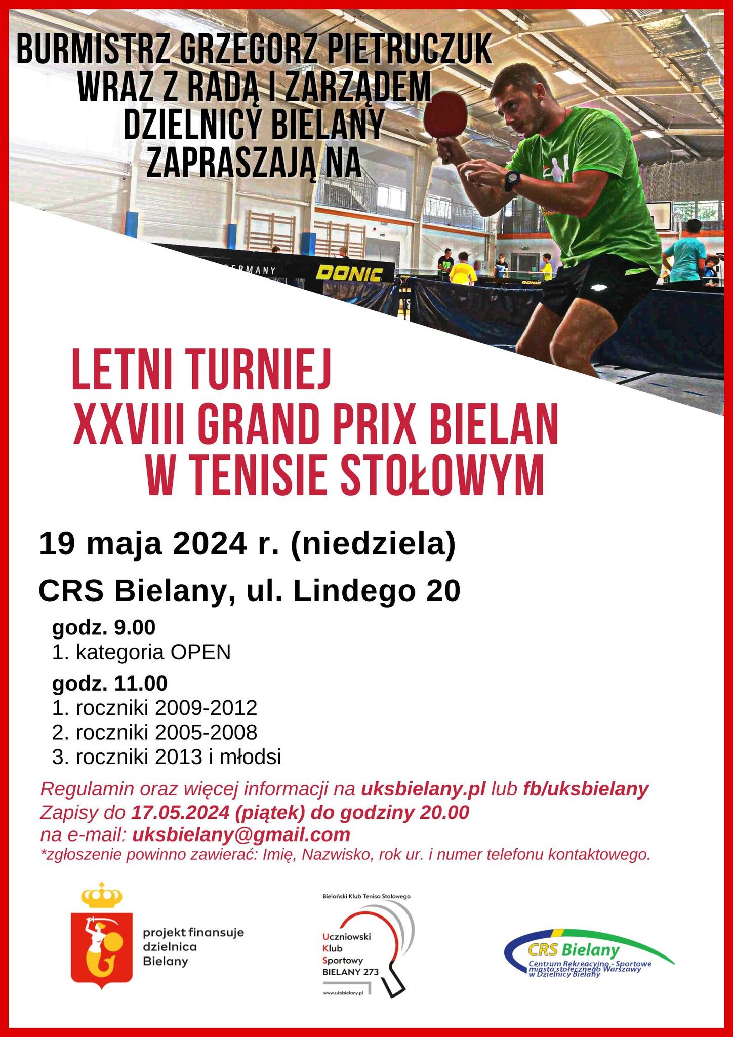 Plakat turnieju Letni Turniej XXVIII Grand Prix Bielan w Tenisie Stołowym -  2024
