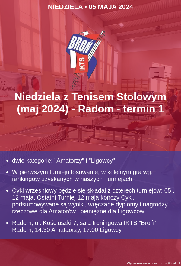 Plakat turnieju Niedziela z Tenisem Stolowym (maj 2024) - Radom - termin 2