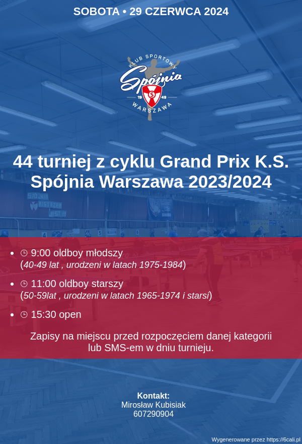 Plakat turnieju 44  turniej z cyklu Grand Prix K.S. Spójnia Warszawa 2023/2024