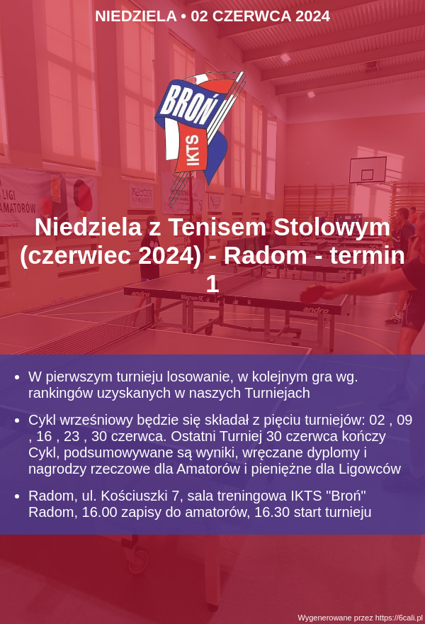 Plakat turnieju Niedziela z Tenisem Stolowym (czerwiec 2024) - Radom - termin 5