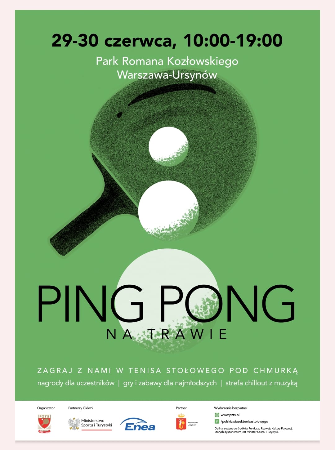 Plakat turnieju Ping pong na trawie w Warszawie czerwiec 2024 (niedziela)