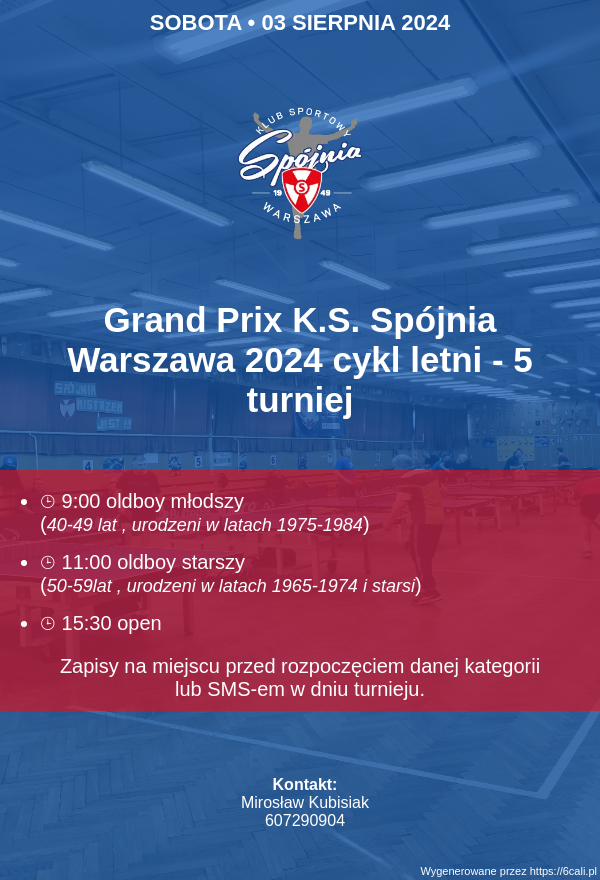 Plakat turnieju Grand Prix K.S. Spójnia Warszawa 2024 cykl letni - 5 turniej