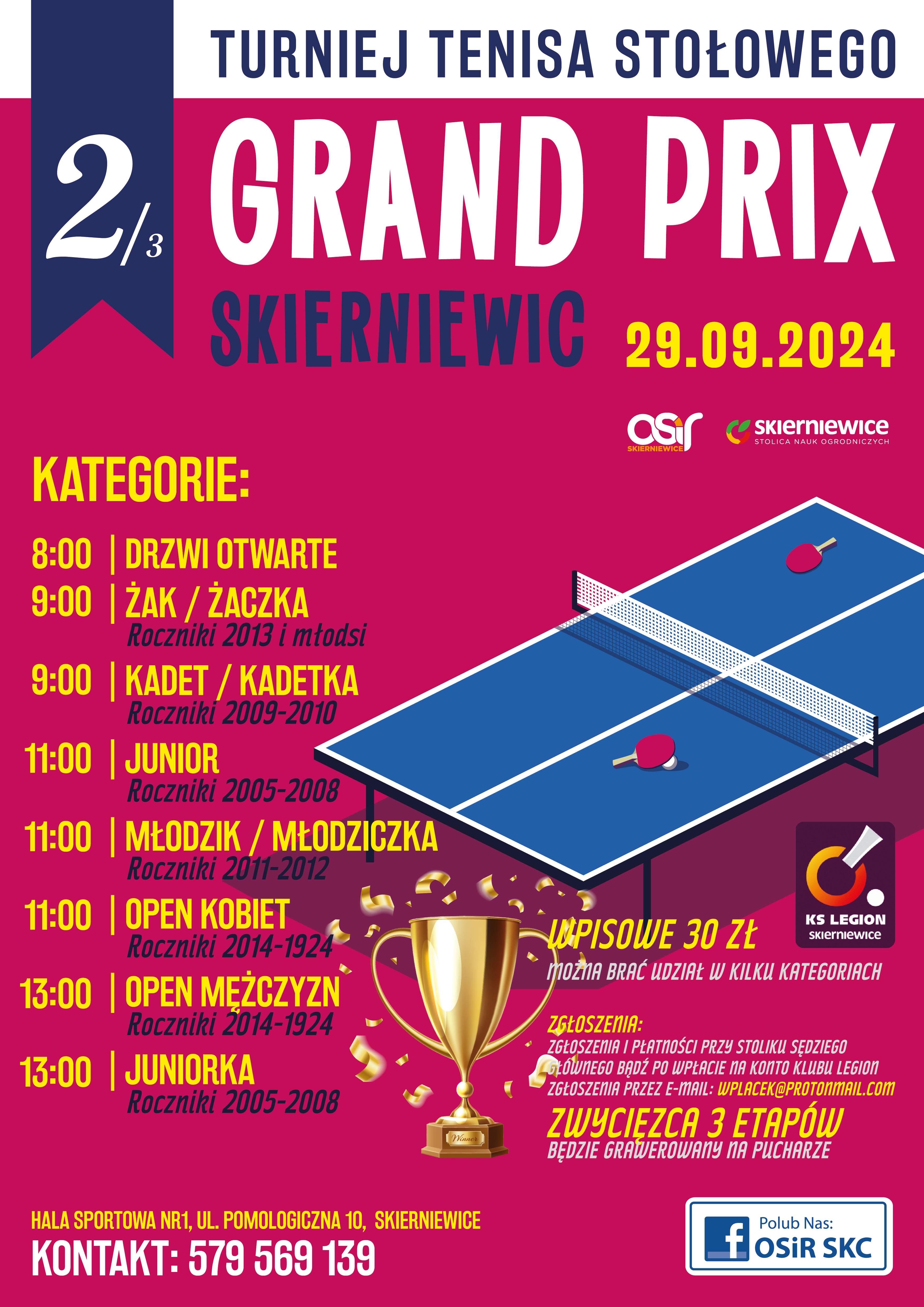Plakat turnieju Turniej Tenisa Stołowego 2 Grand Prix Skierniewic (29 wrzesień 2024)