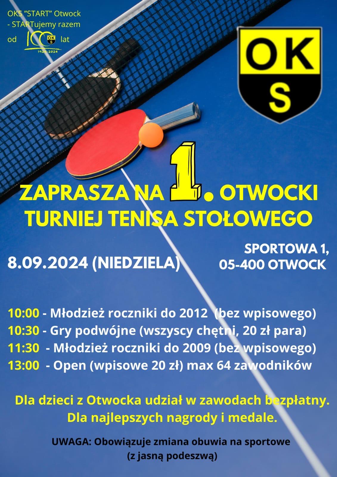 Plakat turnieju 1 OTWOCKI TURNIEJ TENISA STOŁOWEGO