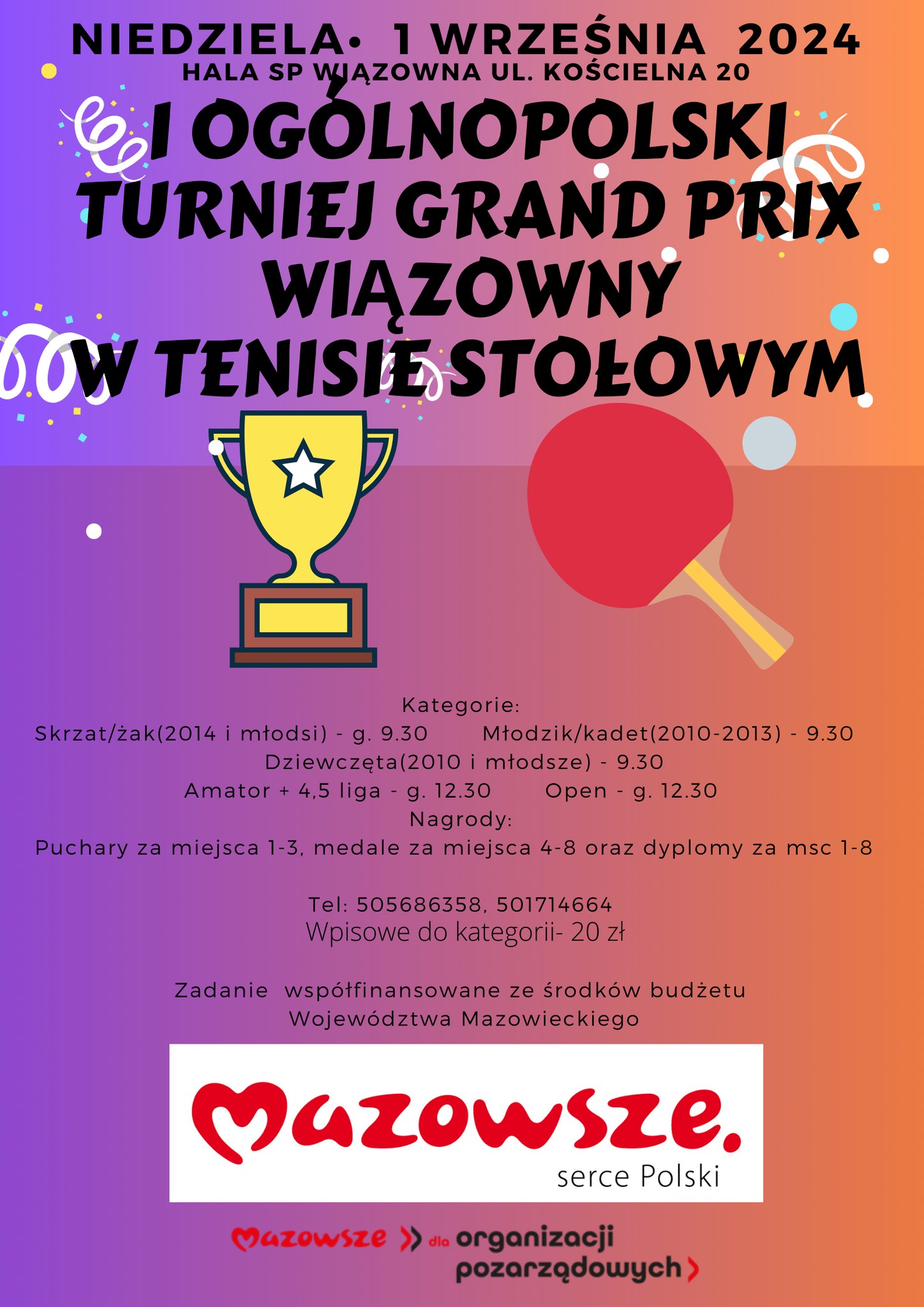 Plakat turnieju I Ogólonopolski Turniej Grand Prix Wiązowny w Tenisie Stołowym 2024/2025 (1 września 2024)