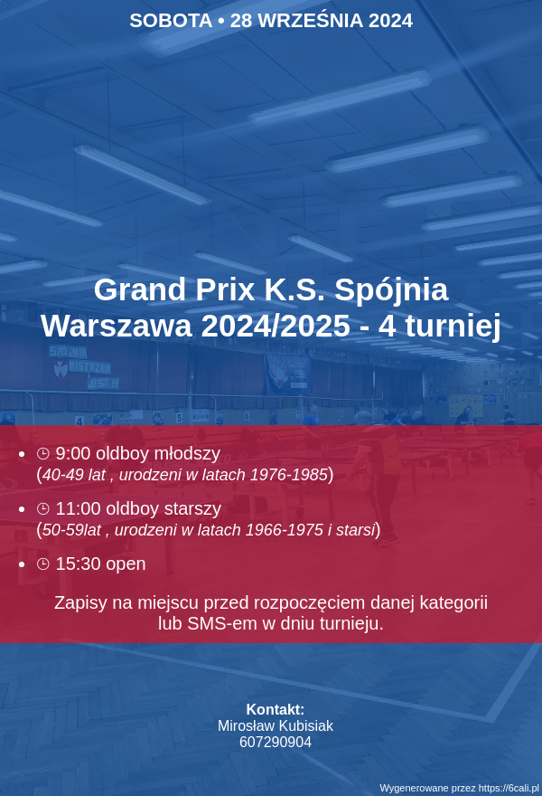 Plakat turnieju Grand Prix K.S. Spójnia Warszawa 2024/2025 - 4 turniej