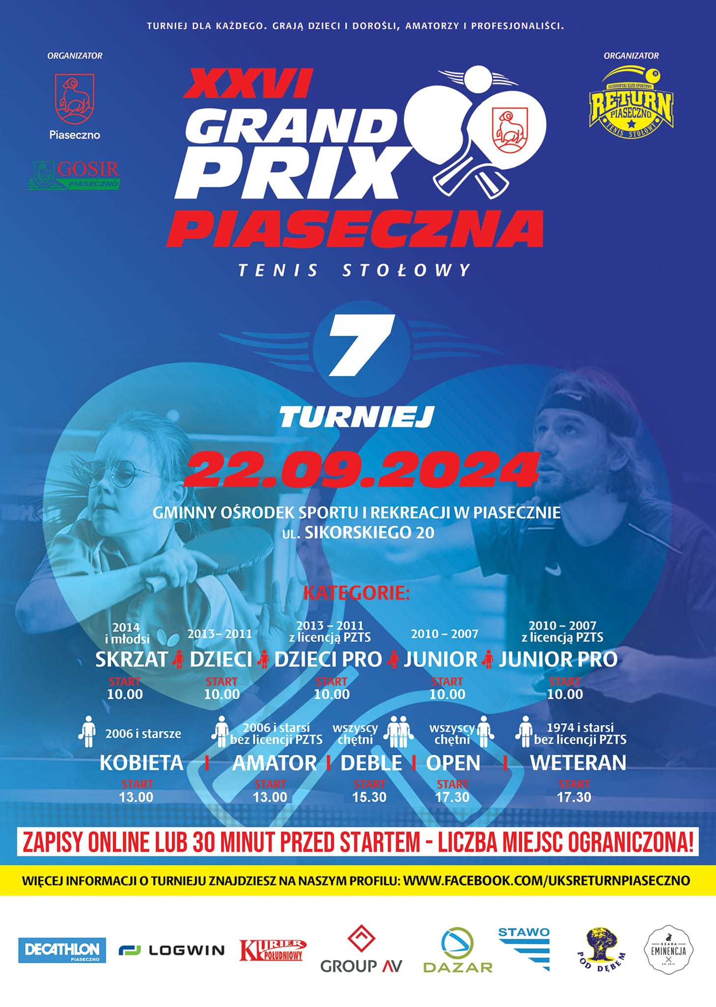 Plakat turnieju XXVI Grand Prix Piaseczna w tenisie stołowym 7 turniej (wrzesień 2024)