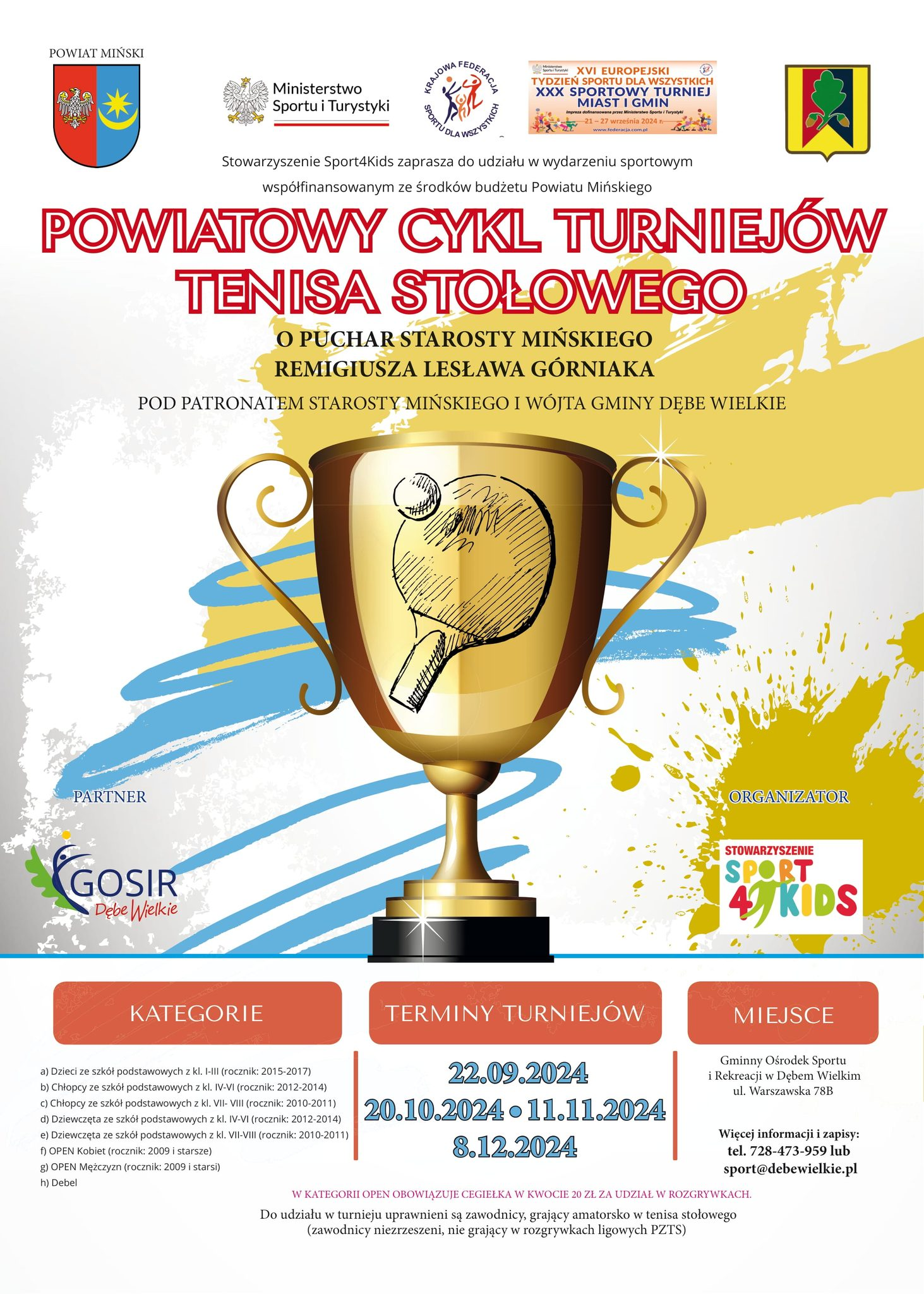 Plakat turnieju Powiatowy Cykl Turniejów Tenisa Stołowego oPuchar Startosty Mińskiego - termin 4
