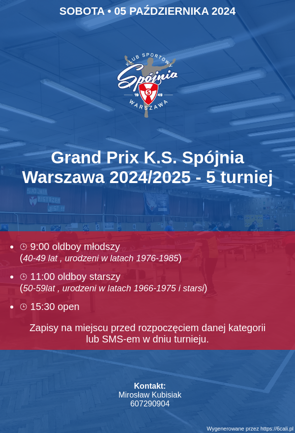 Plakat turnieju Grand Prix K.S. Spójnia Warszawa 2024/2025 - 5 turniej