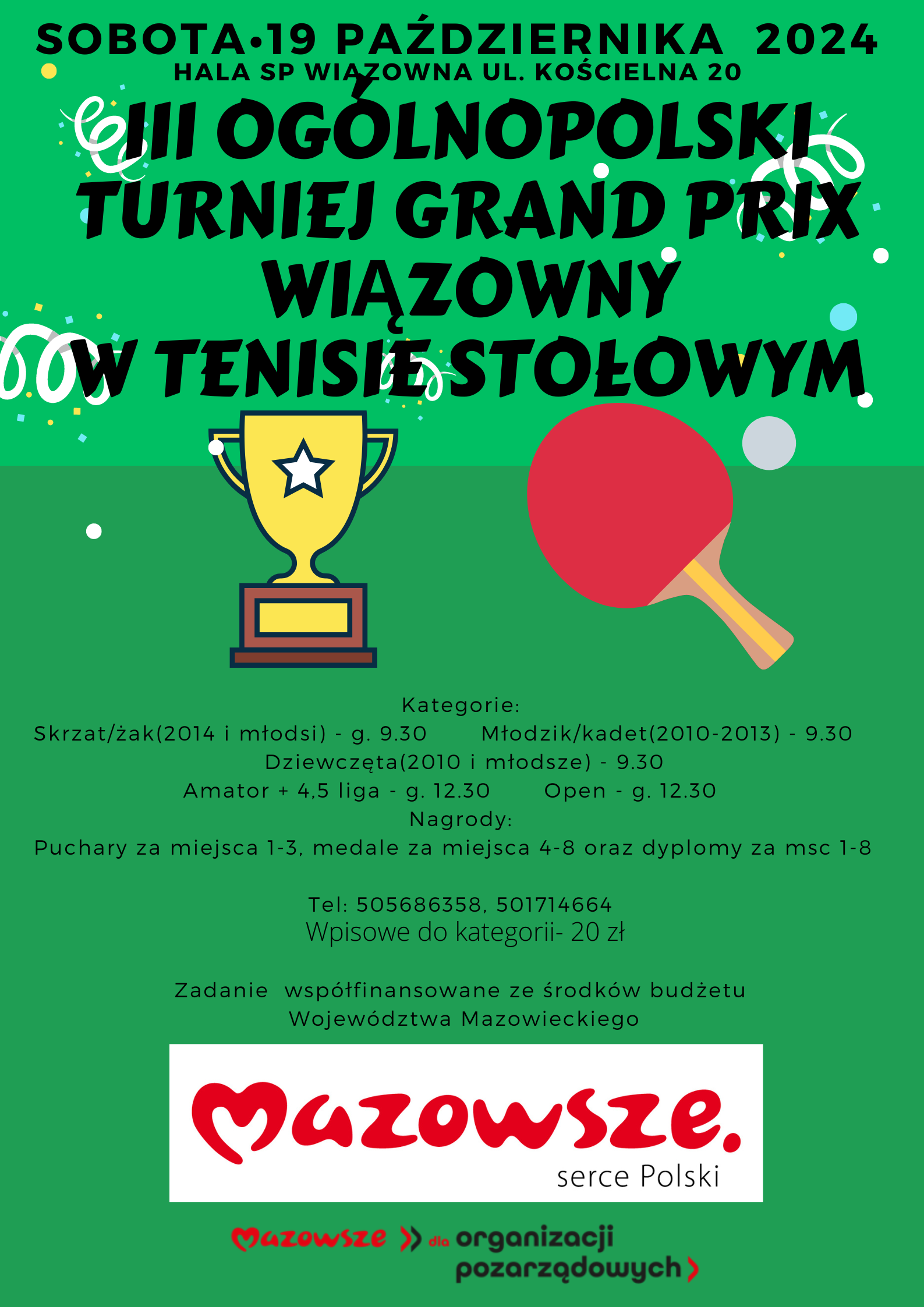 Plakat turnieju III Ogólonopolski Turniej Grand Prix Wiązowny w Tenisie Stołowym 2024/2025 (19 października 2024)