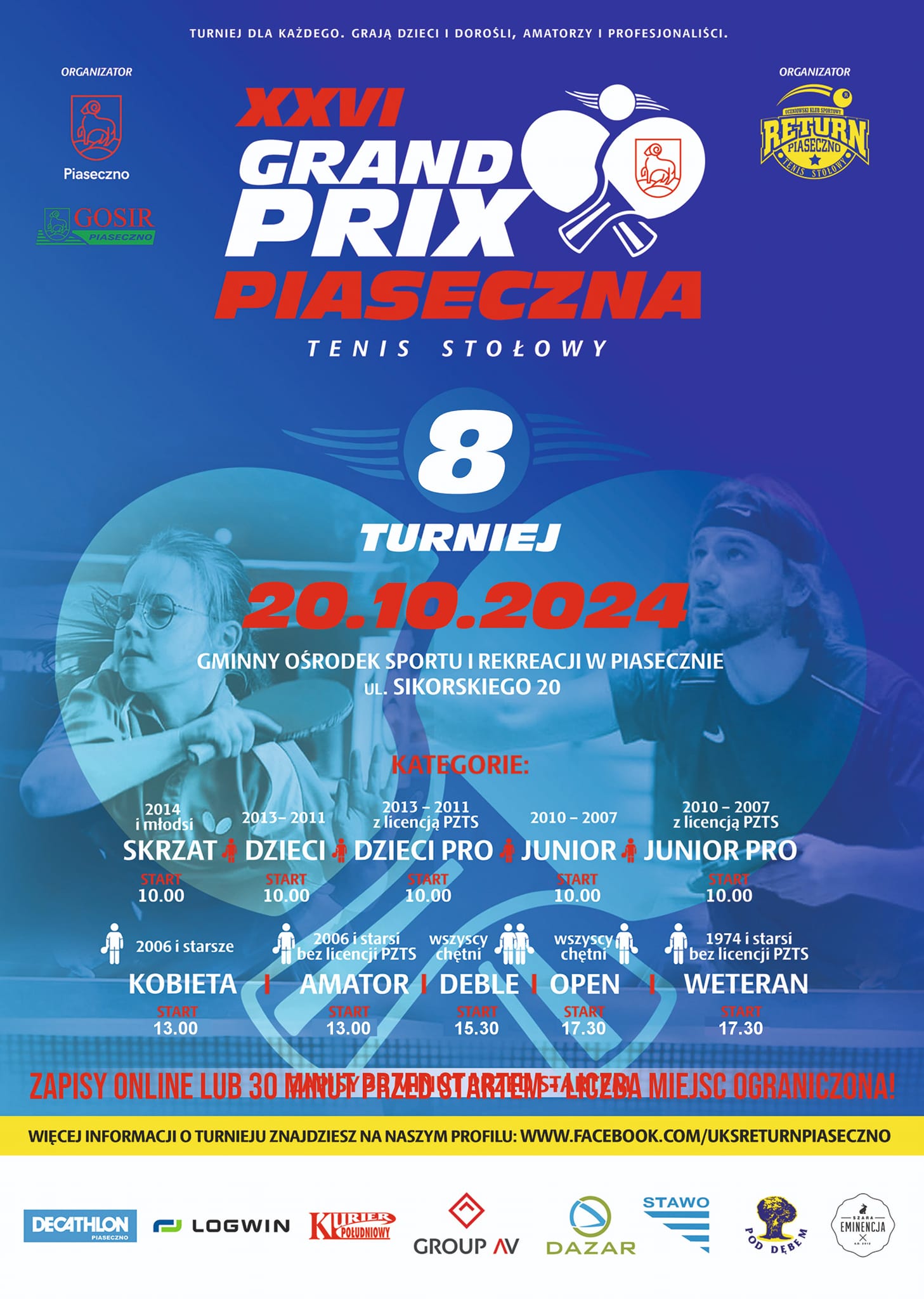 Plakat turnieju XXVI Grand Prix Piaseczna w tenisie stołowym 8 turniej (20 października 2024)