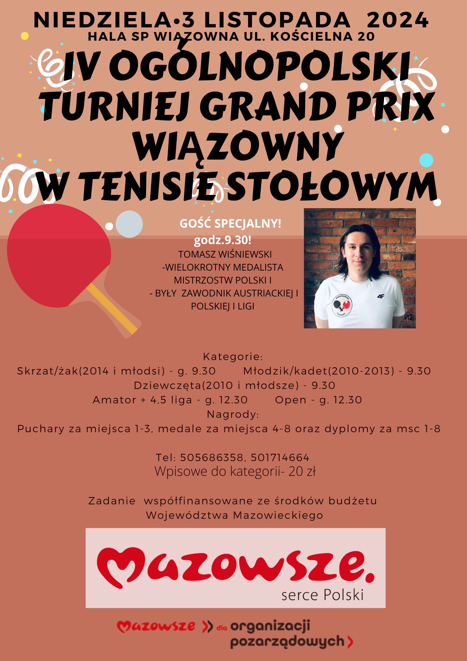 Plakat turnieju IV Ogólonopolski Turniej Grand Prix Wiązowny w Tenisie Stołowym 2024/2025 (3 listopada 2024)