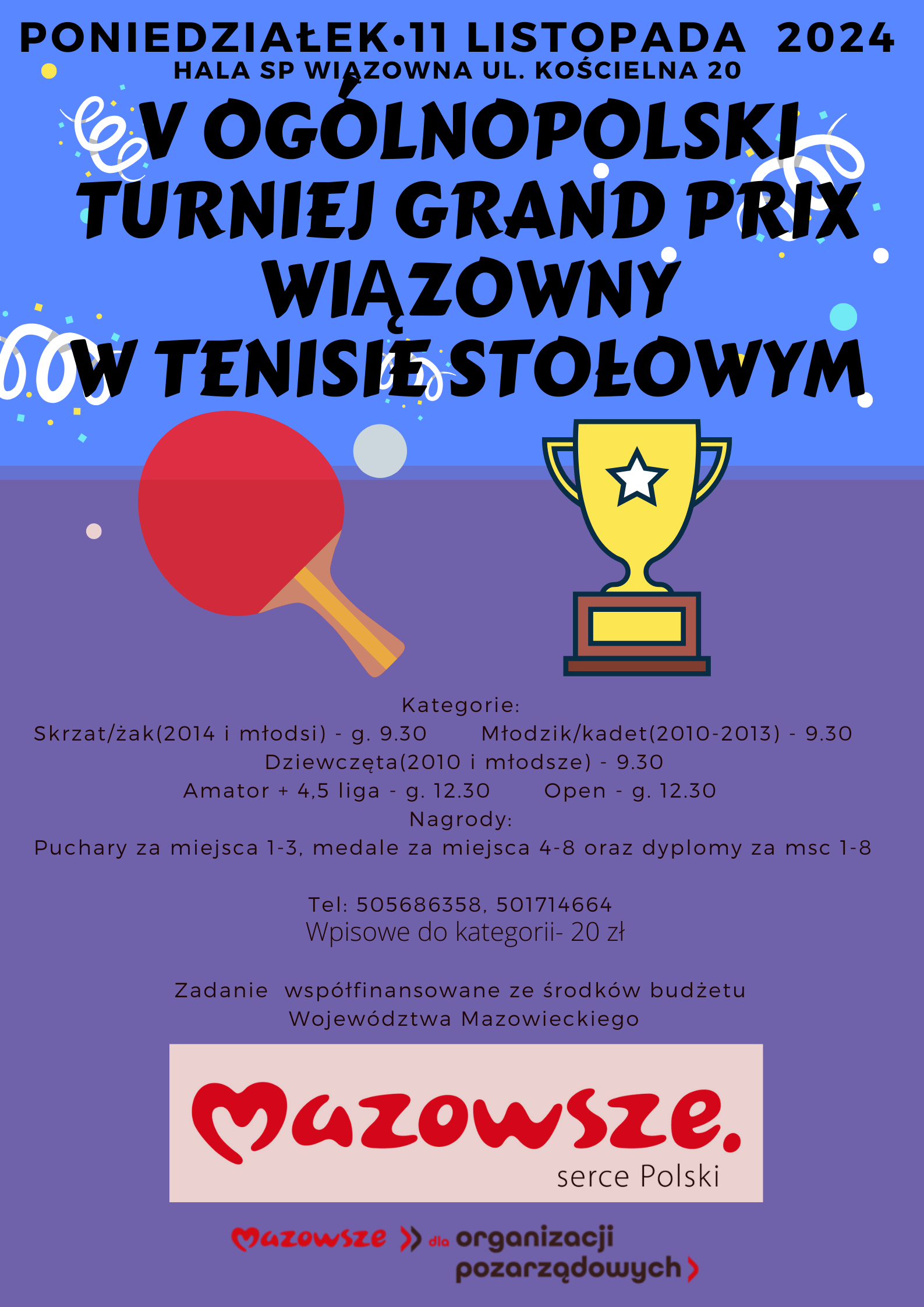 Plakat turnieju V Ogólonopolski Turniej Grand Prix Wiązowny w Tenisie Stołowym 2024/2025 (11 listopada 2024)