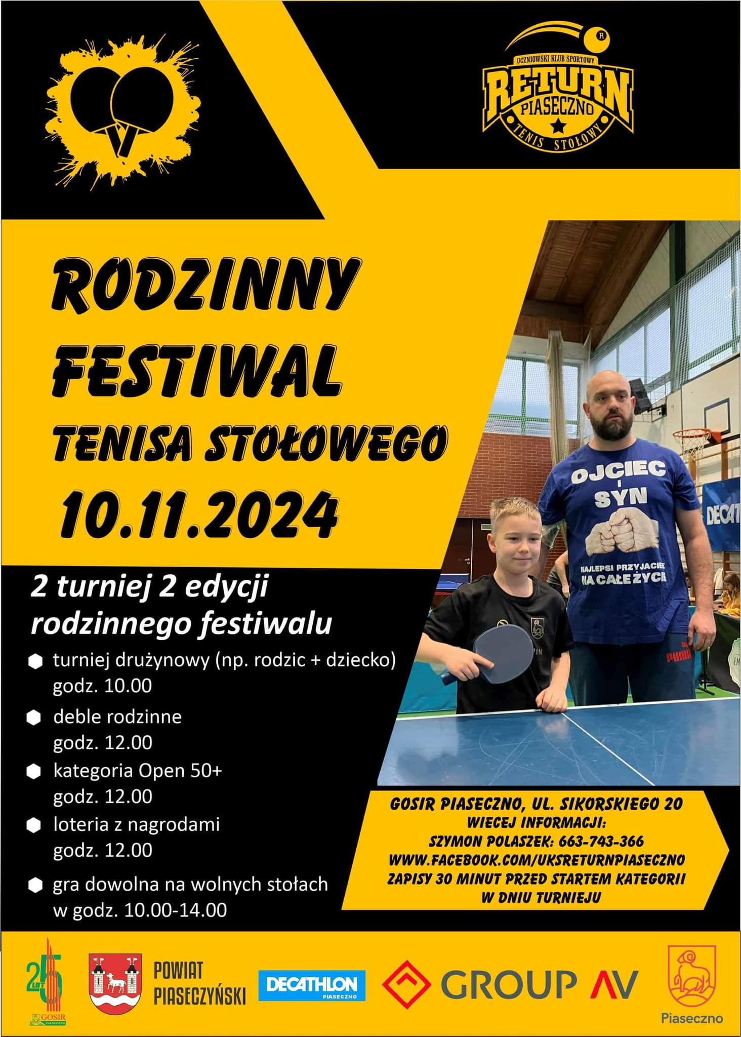 Plakat turnieju Rodzinny Festiwal Tenisa Stołowego Ojciec i Syn Decathlon Najlepsi Przyjaciele listopad 2024