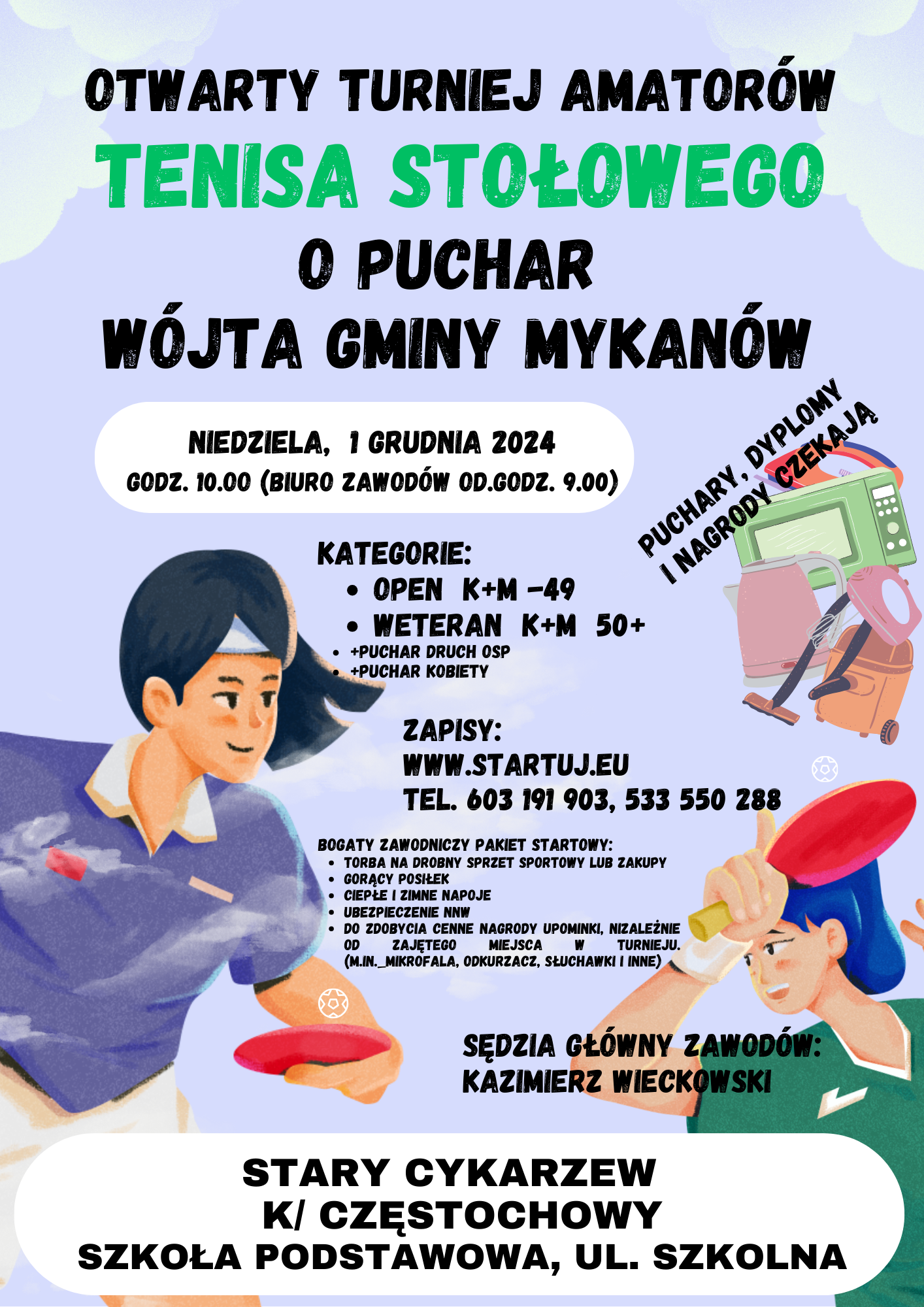 Plakat turnieju Otwarty Turniej Amatorów Tenisa Stołowego Amatorów o Puchar Wójta Gminy Mykanów