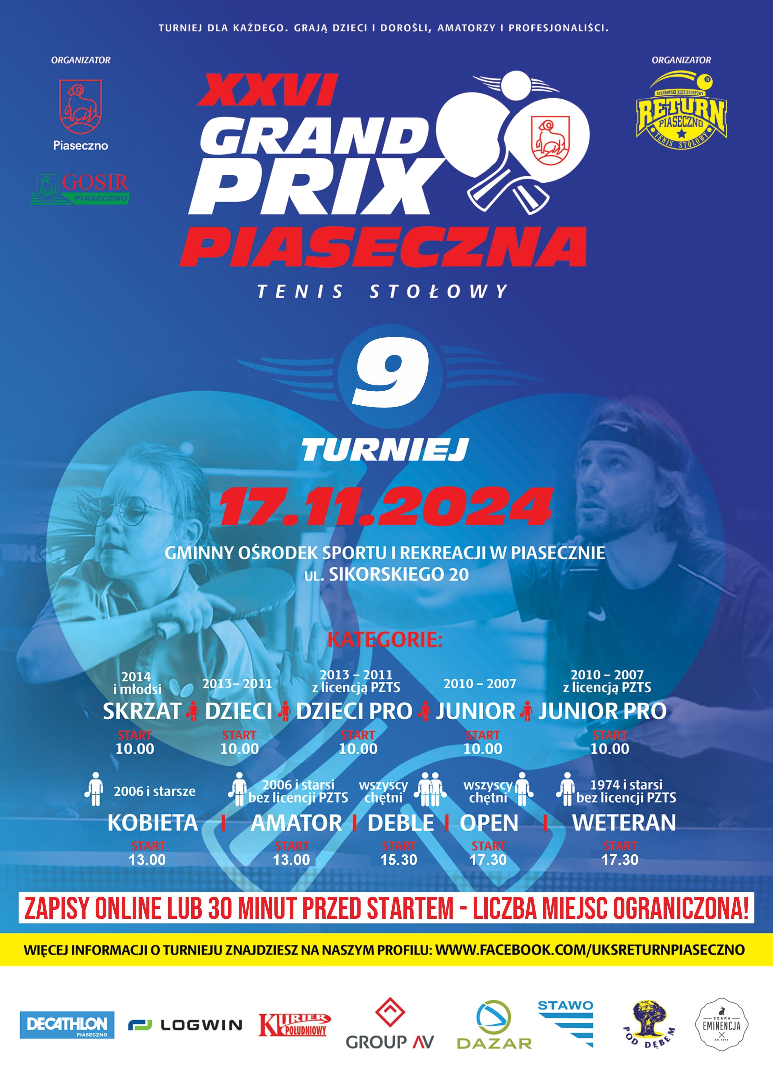 Plakat turnieju XXVI Grand Prix Piaseczna w tenisie stołowym 9 turniej (17 listopada 2024)