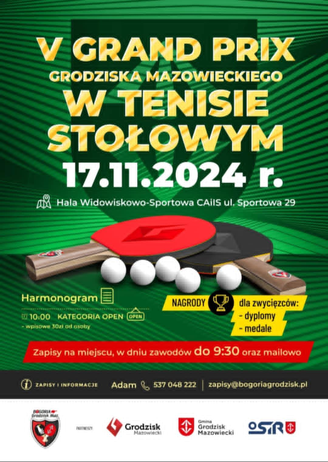 Plakat turnieju V GRAND PRIX GRODZISKA MAZOWIECKIEGO W TENISIE STOLOWYM (17 listopad 2024)