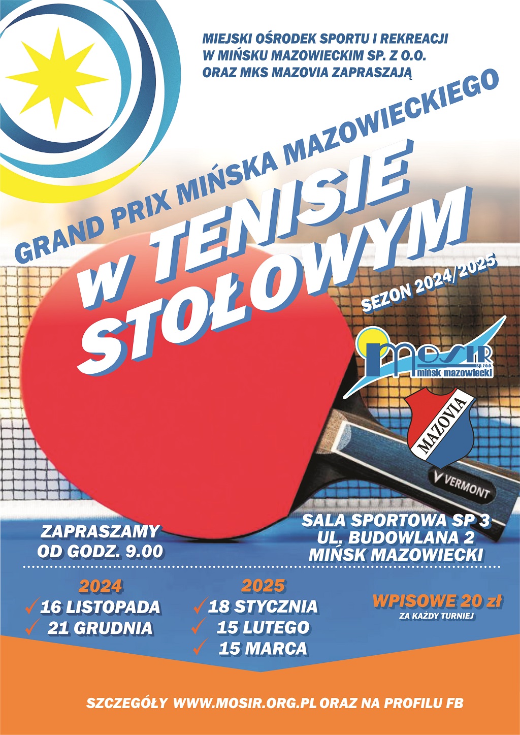 Plakat turnieju Grand Prix Mińska Mazowieckiego w tenisie stołowym 2024/2025 - termin 1