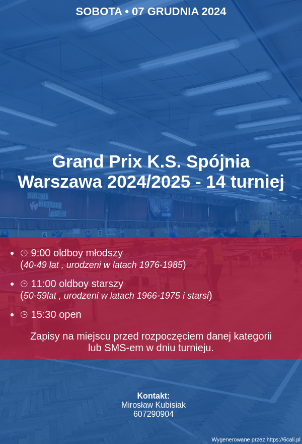 Plakat turnieju Grand Prix K.S. Spójnia Warszawa 2024/2025 - 14 turniej