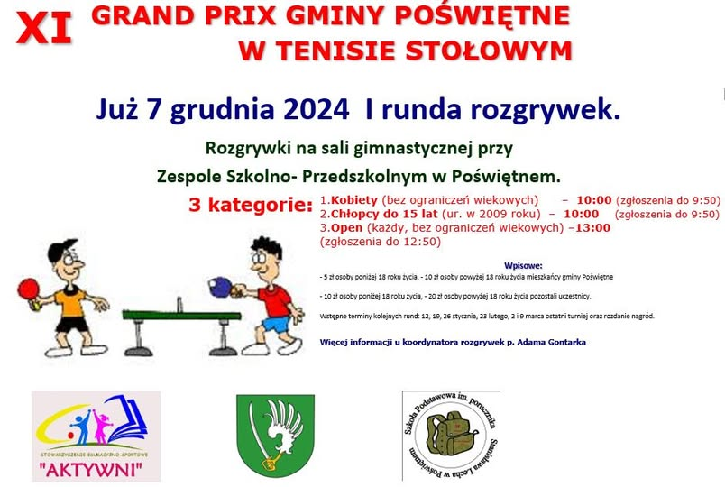 Plakat turnieju XI GRAND PRIX GMINY POSWIETNE W TENISIE STOLOWYM