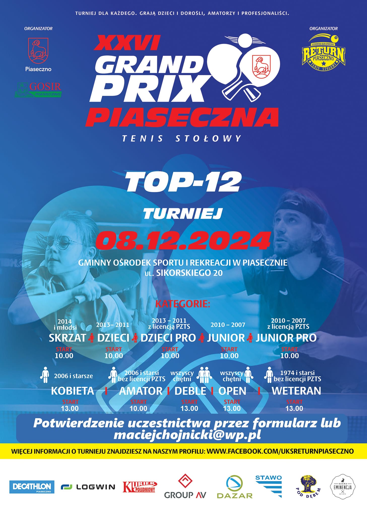 Plakat turnieju XXVI Grand Prix Piaseczna w tenisie stołowym Masters TOP 12 (grudzień 2024)