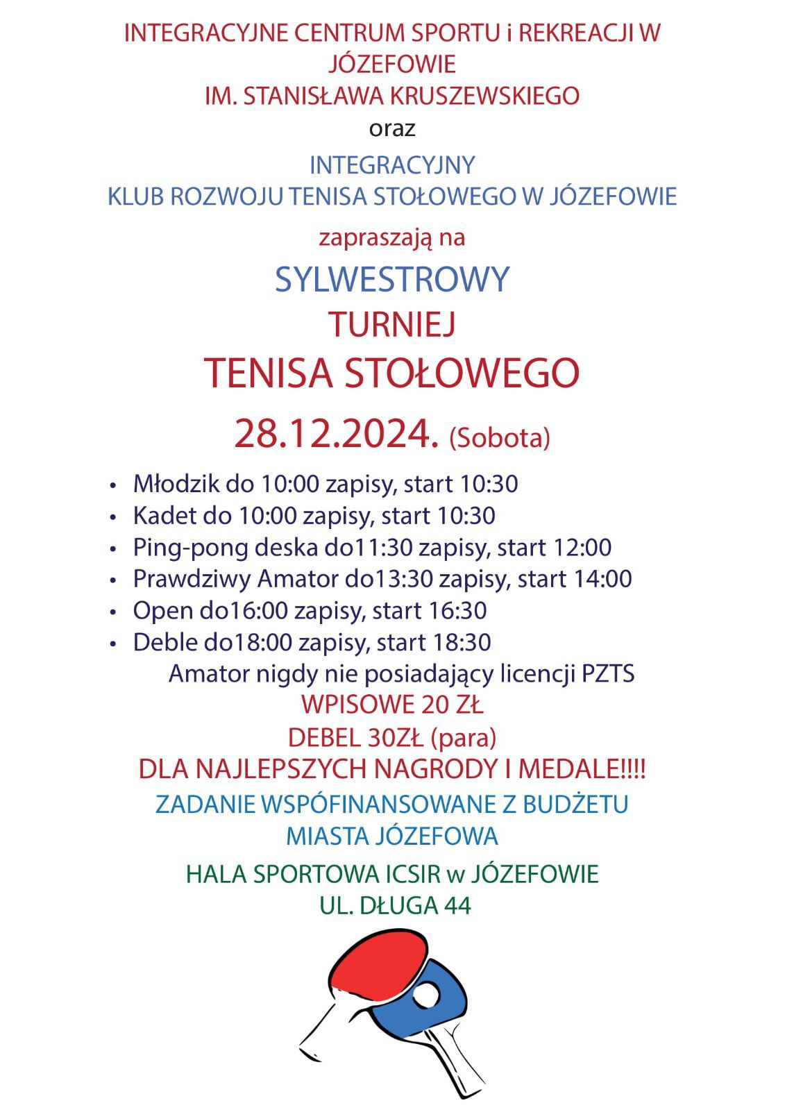 Plakat turnieju Sylwestrowy Turniej Tenisa Stołowego