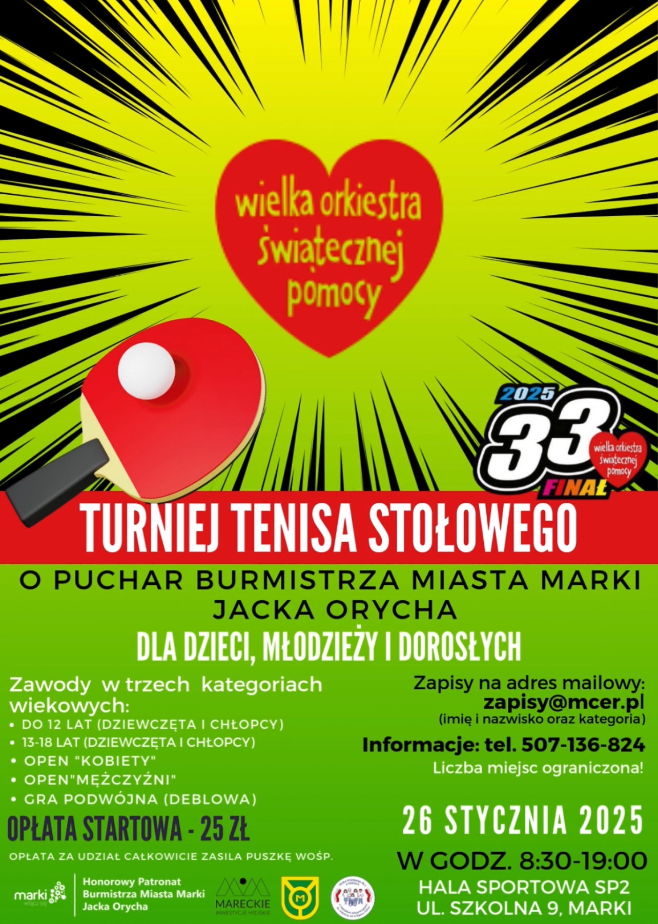 Plakat turnieju IV Edycja Turnieju Tenisa Stołowego z Okazji 33. Finału WOŚP o Puchar Burmistrza Miasta Marki Jacka Orycha