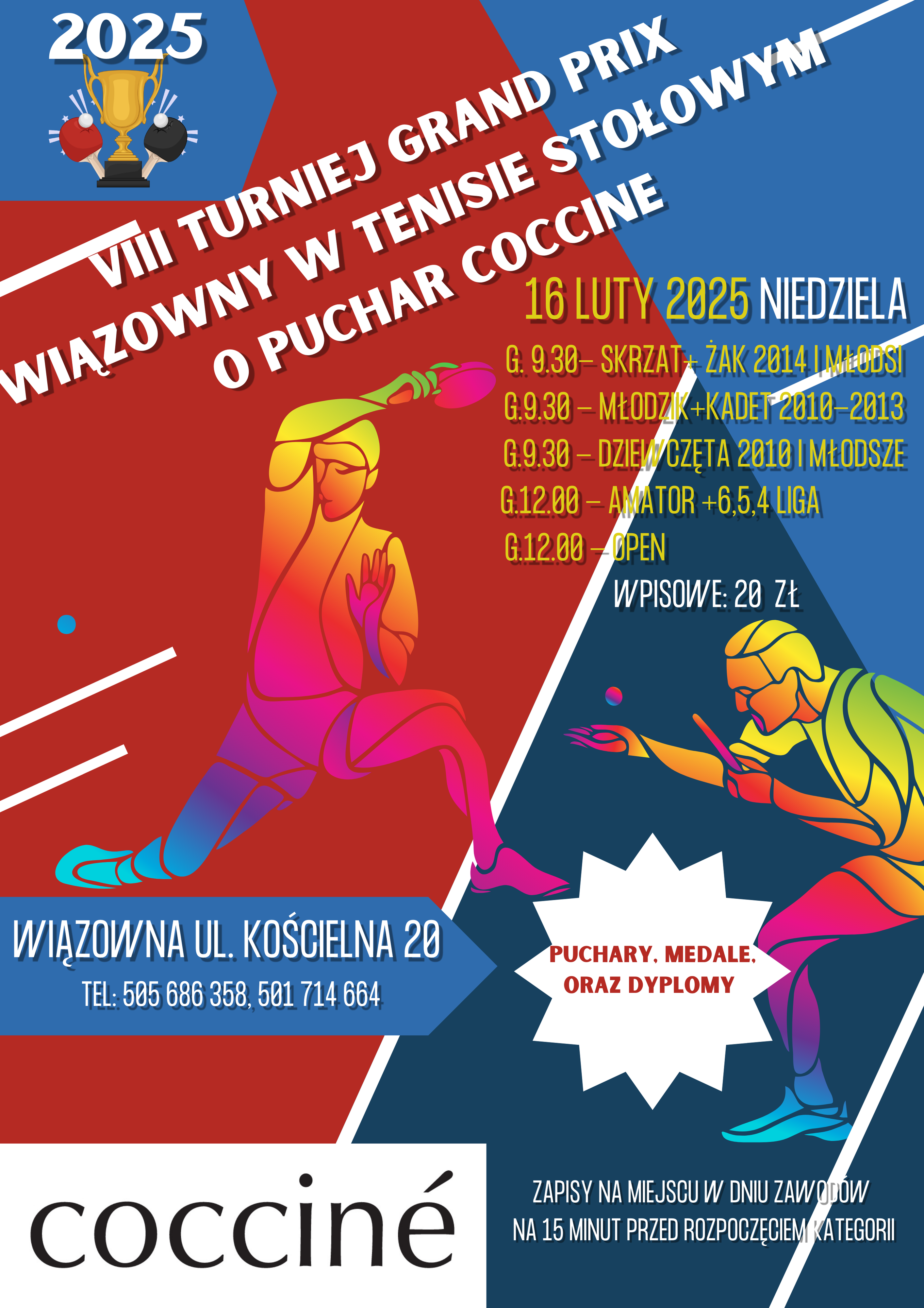 Plakat turnieju VIII Grand Prix Wiązowny w Tenisie Stołowym o Puchar Coccine