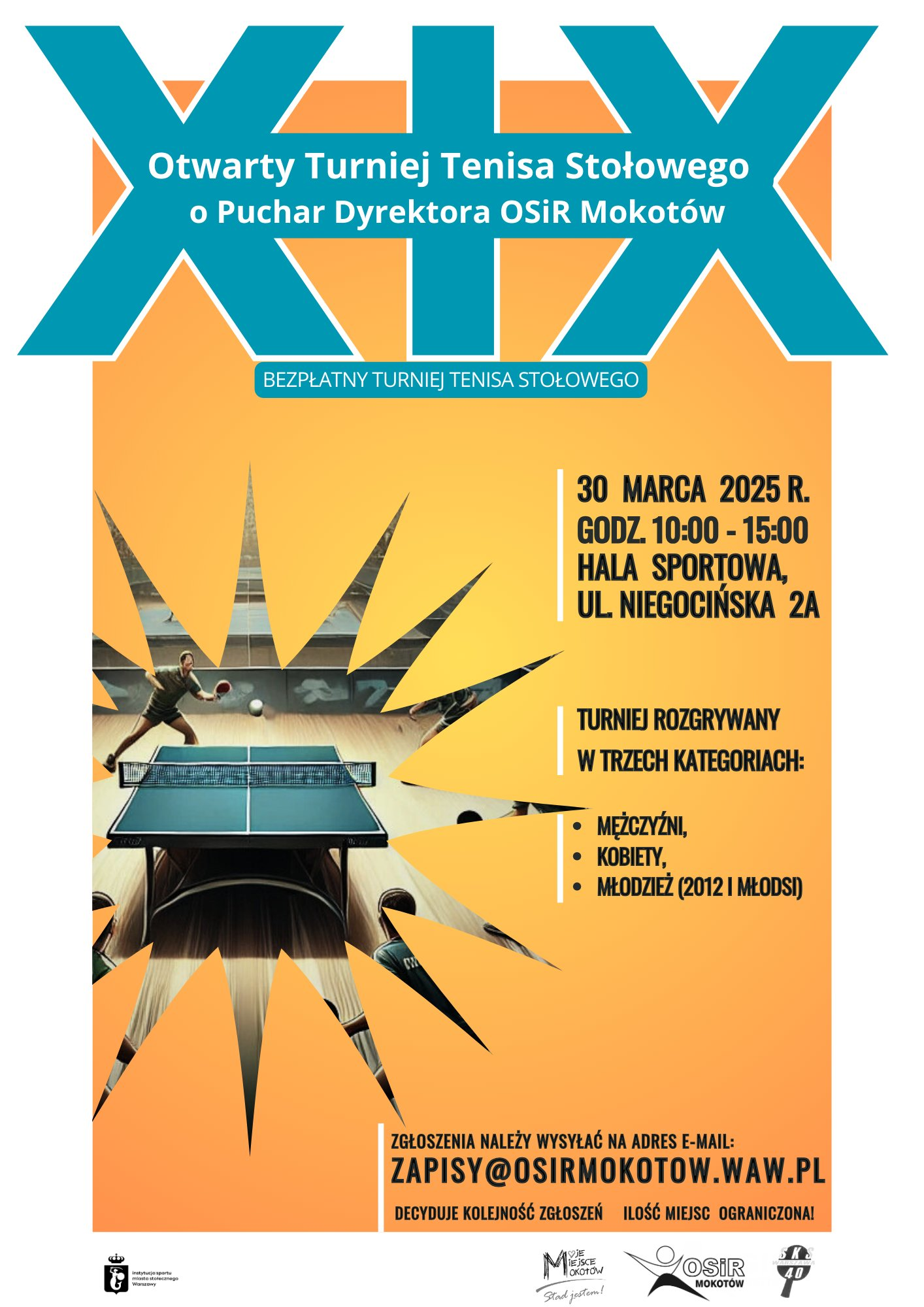 Plakat turnieju Otwarty Turniej Tenisa Stotowego O Puchar Dyrektora OSiR Mokotów (30 marca 2025)