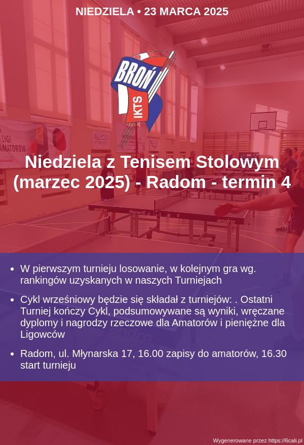 Plakat turnieju Niedziela z Tenisem Stolowym (marzec 2025) - Radom - termin 4