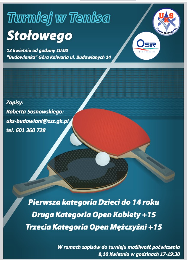 Plakat turnieju Turniej tenisa stołowego Góra Kalwaria OSiR (12 kwietnia 2025)
