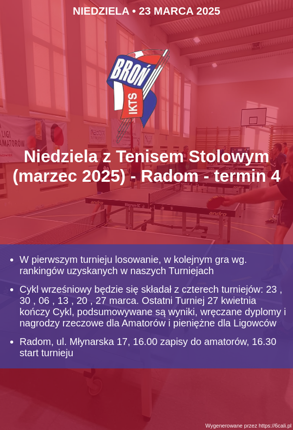 Plakat turnieju Niedziela z Tenisem Stolowym (kwiecień 2025) - Radom - termin 1