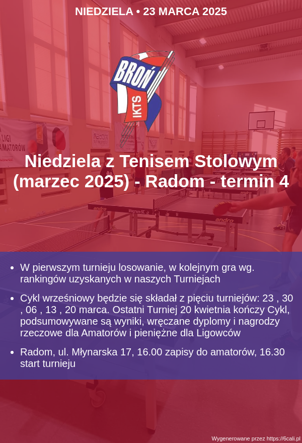 Plakat turnieju Niedziela z Tenisem Stolowym (kwiecień 2025) - Radom - termin 3