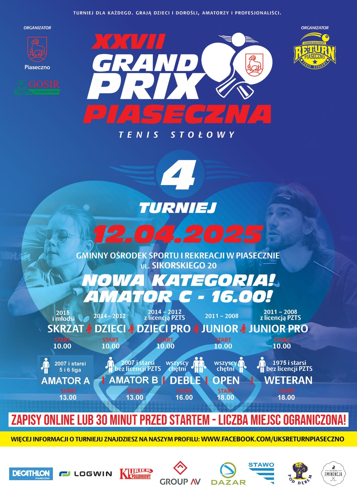 Plakat turnieju XXVII Grand Prix Piaseczna w tenisie stołowym - 4 termin (29 marca 2025)