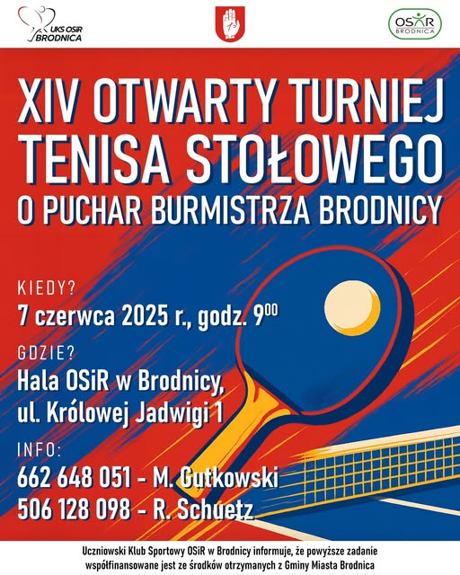 Plakat turnieju XIV Otwarty Turniej Tenisa Stołowego o Puchar Burmistrza Brodnicy (7 czerwca 2025)