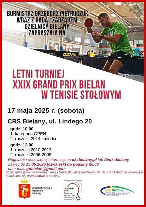 Plakat turnieju Letni Turniej XXIX Grand Prix Bielan w Tenisie Stołowym (17 maja 2025)