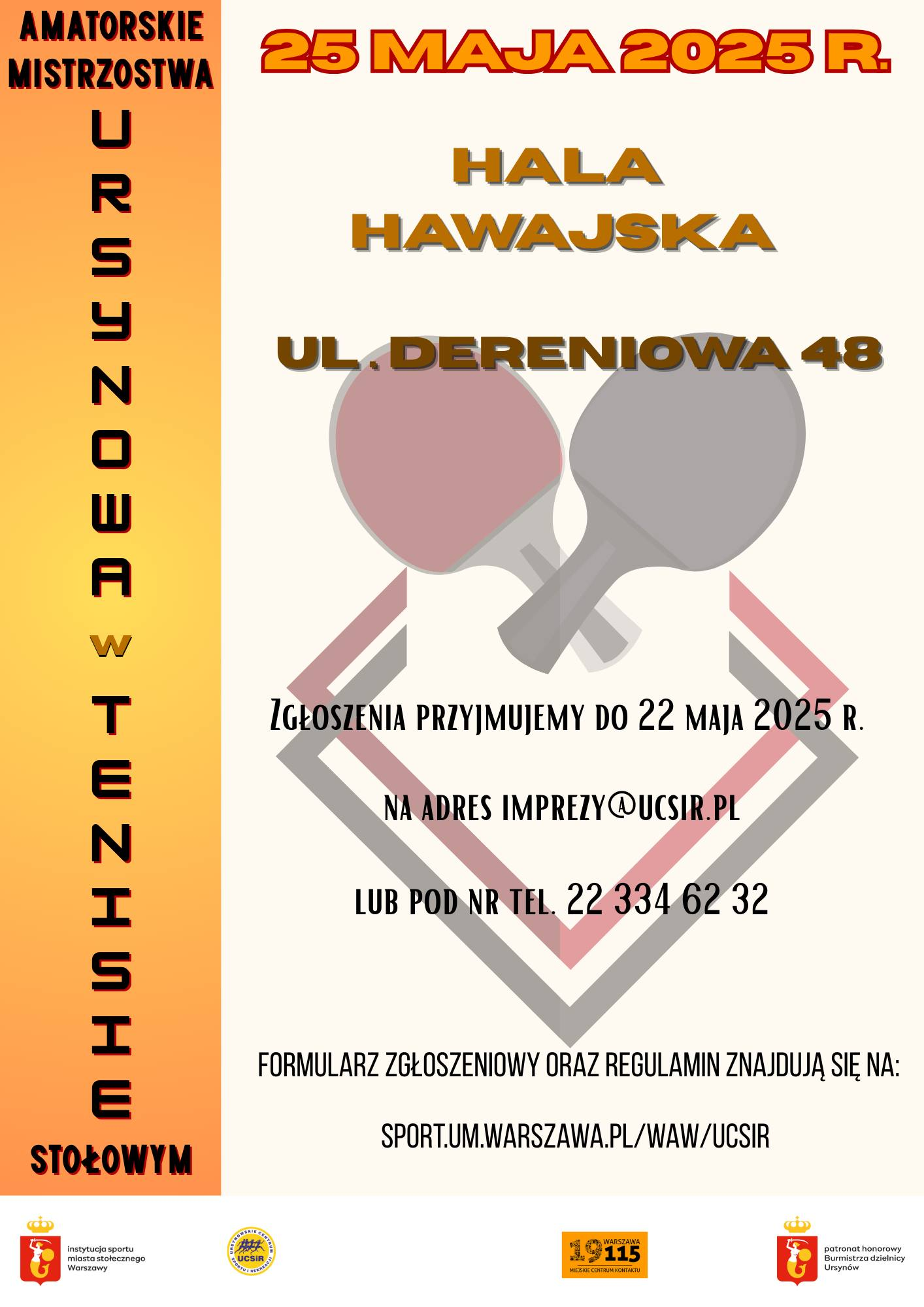 Plakat turnieju Amatorskie Mistrzostwa Ursynowa w Tenisie Stołowym (25 maja 2025)