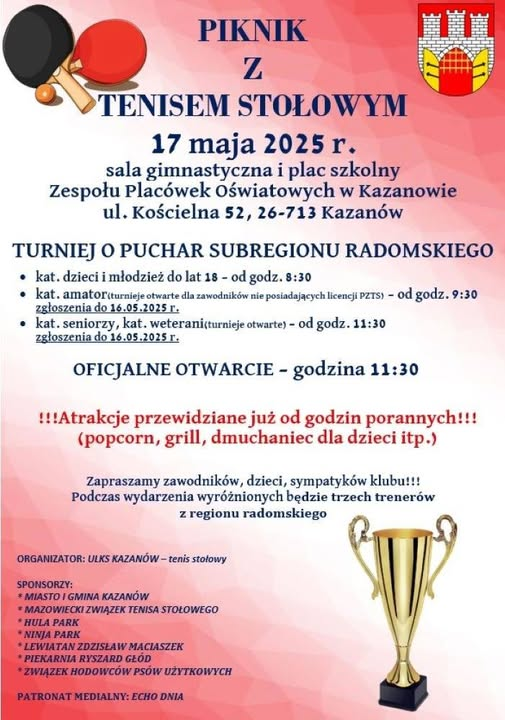 Plakat turnieju PIKNIK Z TENISEM STOLOWYM o Puchar Subregionu Radomskiego (17 maja 2025)