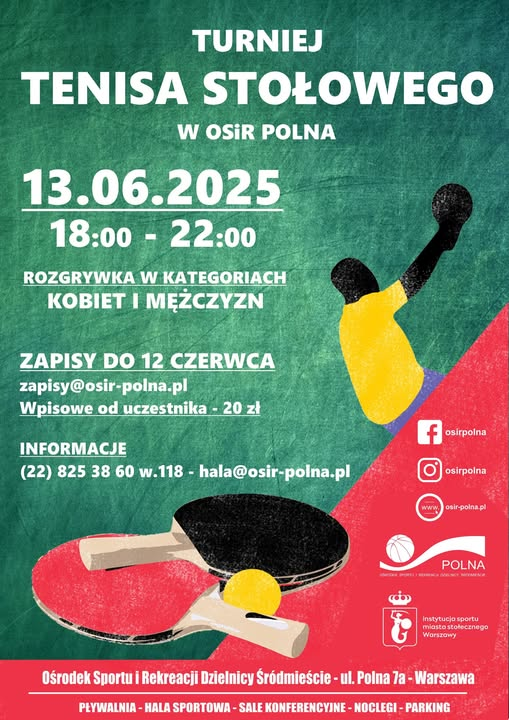 Plakat turnieju Turniej Tenisa Stołowego w OSiR Polna (13 czerwca 2025)