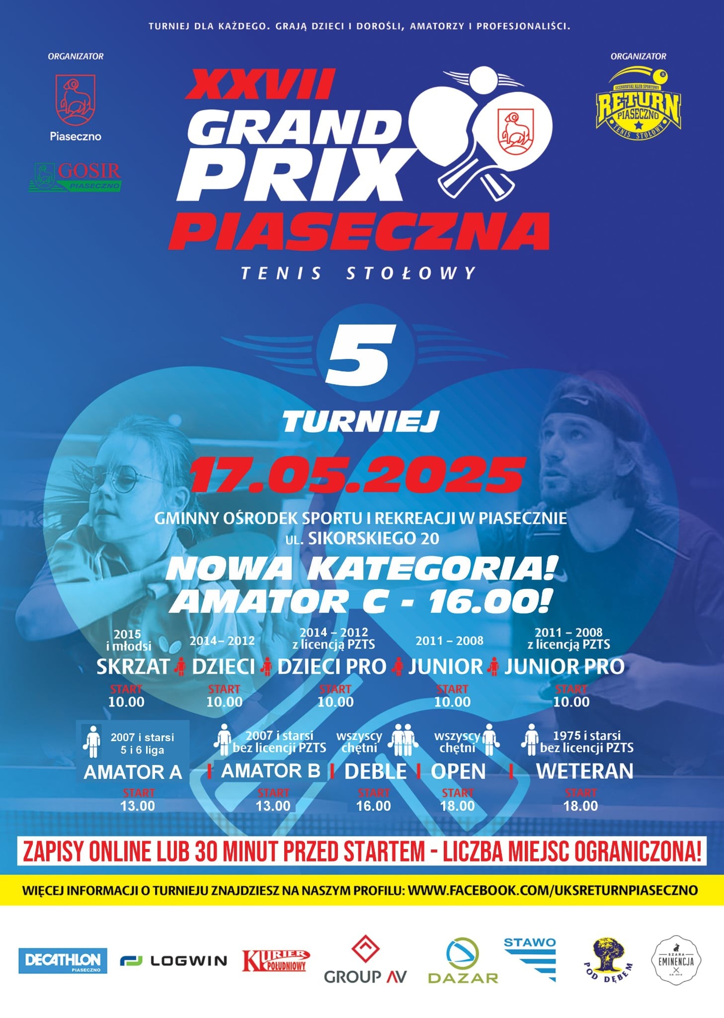 Plakat turnieju XXVII Grand Prix Piaseczna w tenisie stołowym - 5 termin (17 maja 2025)