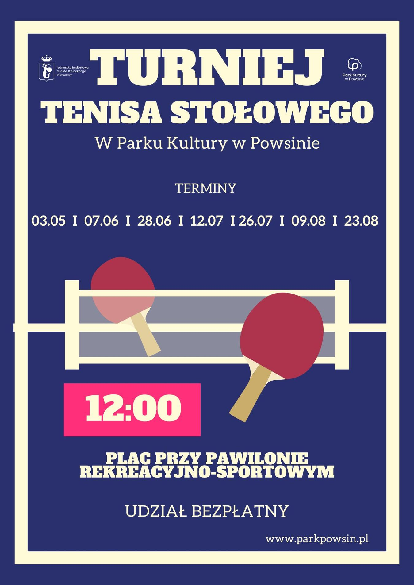 Plakat turnieju Gminny cykl turniejów w tenisie stołowym w Parku Kultury w Powsinie (7 czerwiec 2025)
