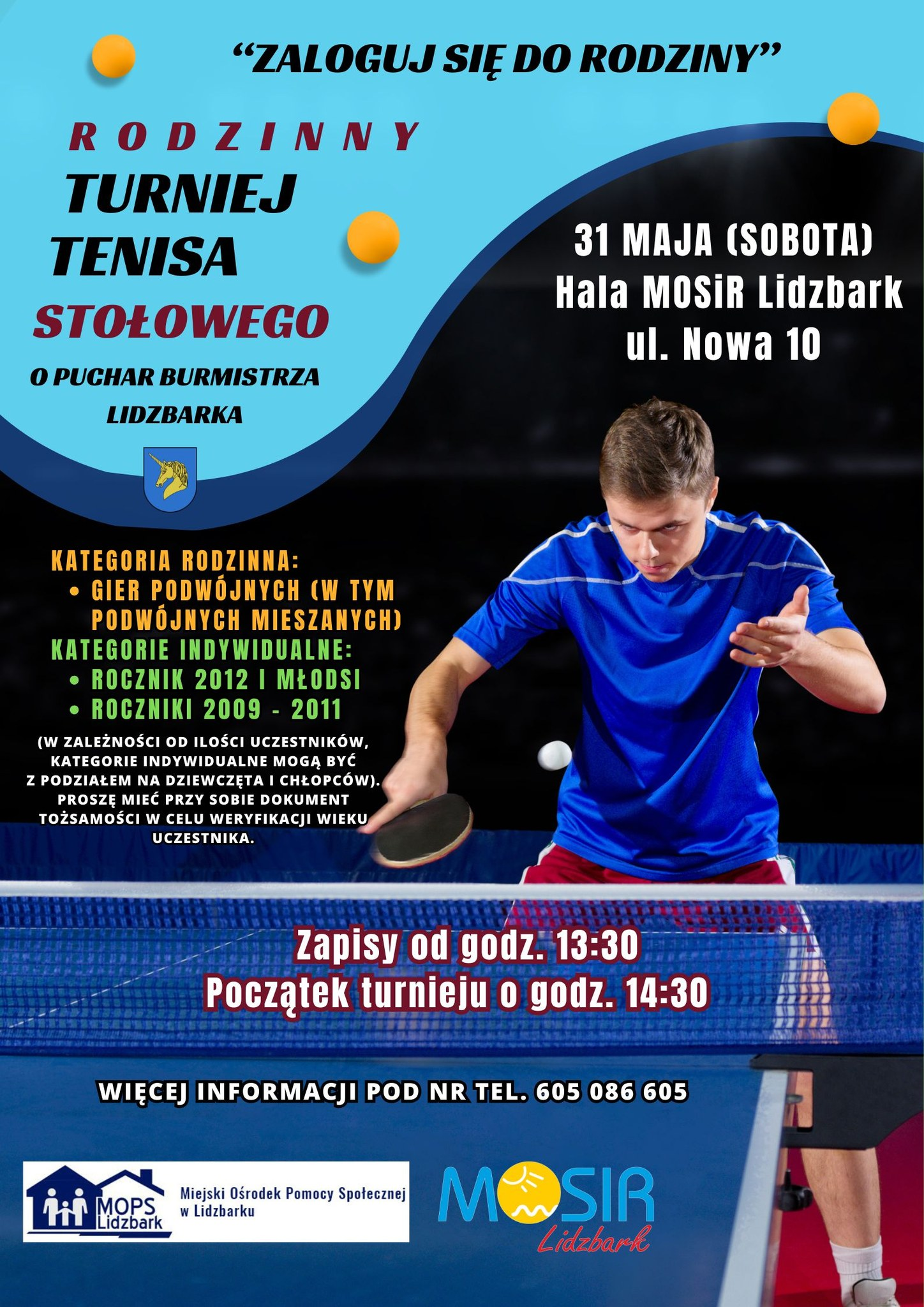 Plakat turnieju Rodzinny Turniej Tenisa Stołowego o Puchar Burmistrza Lidzbarka (31 maja 2025)