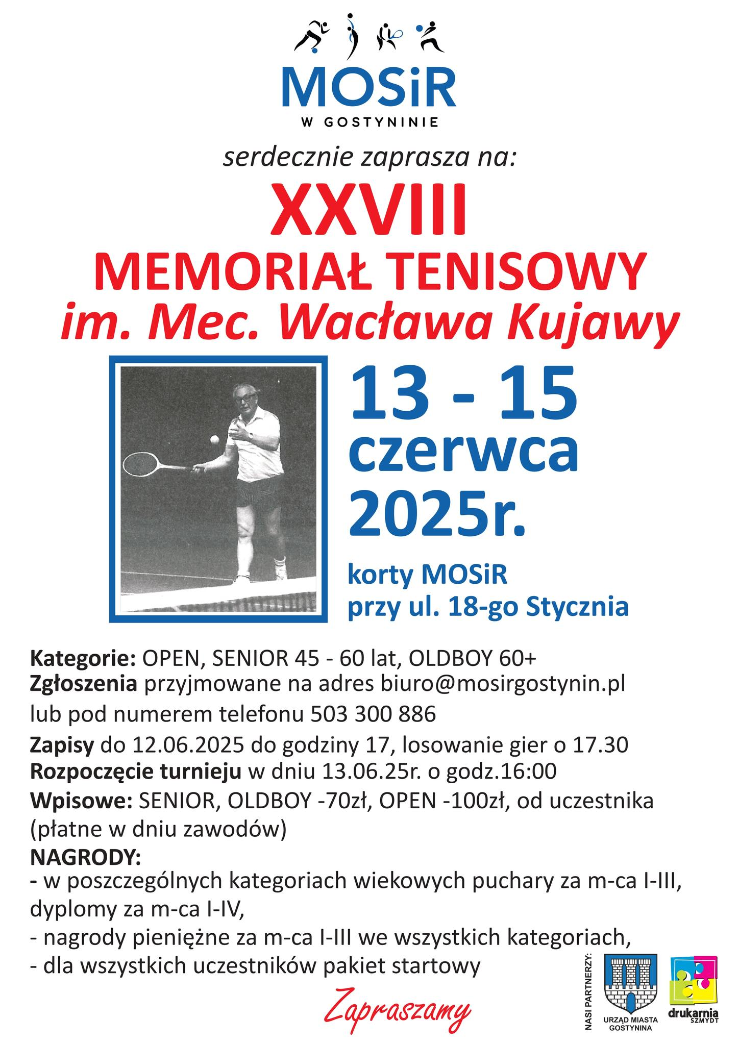 Plakat turnieju XXVIII Memorial Tenisowy im. Mec. Wacława Kujawy (13-15 czerwca 2025)
