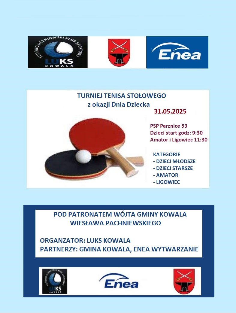 Plakat turnieju Turniej tenisa stołowego z okazji Dnia Dziecka (31 maja 2025)